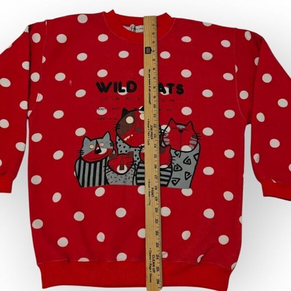 Sharon Minky Wild Cats Print Red Polka Dot Sweatshirt size L Vintage - Picture 3 of 6